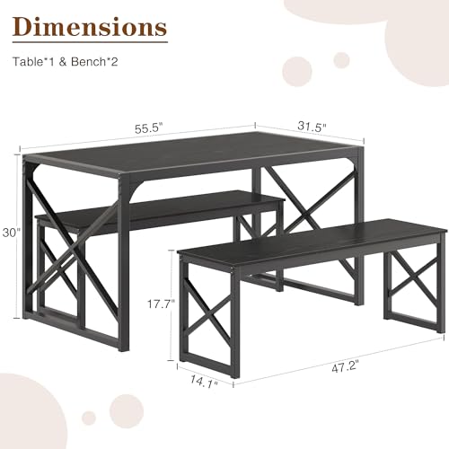 Image of VECELO 55 inch Kitchen Dining Table Set for 4, Heavy-Duty Steel Frame & Wood-Grain Tabletop, Space-Saving Dinette Sets with 2 Benches for Breakfast Nook and Small Space, Black
