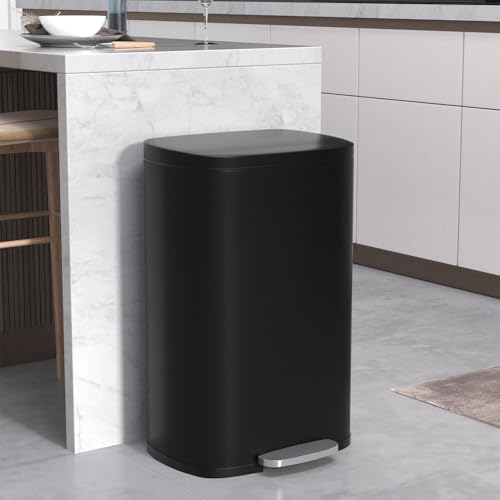 50 Liter / 13 Gallon Kitchen Trash Can with Lid, Stainless Steel Foot Pedal and Plastic Inner Bucket, Fingerprint-Resistant Soft Close Lid Garbage Can, Odor Proof Hygienic, Black, Gallom