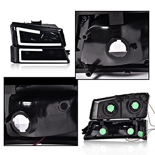 Image of GRAND ORANGE LED Headlight Assembly DRL Compatible with Chevy Silverado 1500 2500 3500 HD Models 2003-2006 / Fit Avalanche 1500 2500 03-06 Smoky lens Headlamp Black Housing Clear Reflector