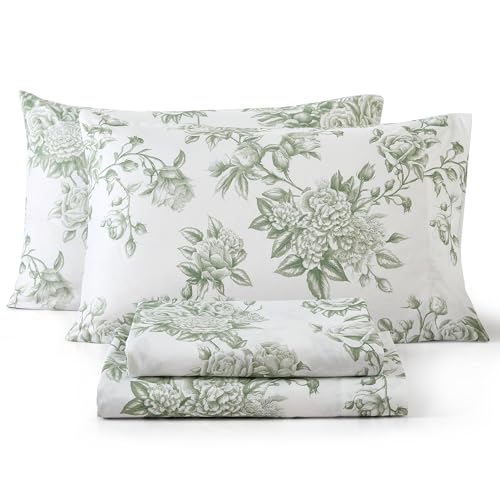 HLC.ME Rose Toile Floral Bed Sheets - 4 Piece Bed Sheet Set - Wrinkle Resistant & Ultra Soft - Fits Mattresses up to 15 Inches Deep (Queen Sage Green)