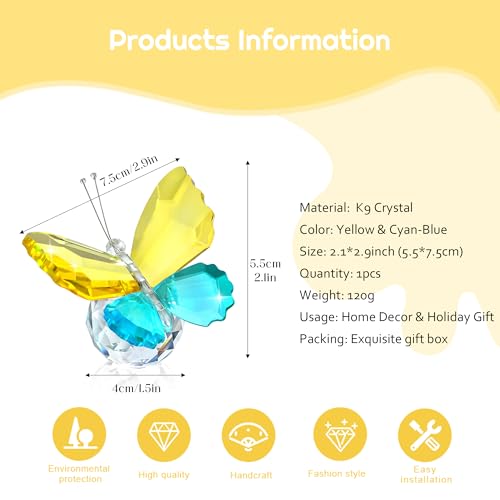 Image of Crystal Butterfly Figurines Yellow Cyan Blue Tabletop Decor Gift For Women | Yellow Cyan Blue Crystal Butterfly Figurines Collectible Paperweight for Table Desk Shelf Home Office Wedding Decor