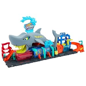 Hot Wheels City Toy Car Track Set, Ultra Shark Car Wash with 1:64 Scale Color Reveal Toy Car, Repeat Color-Change Feature, Storage