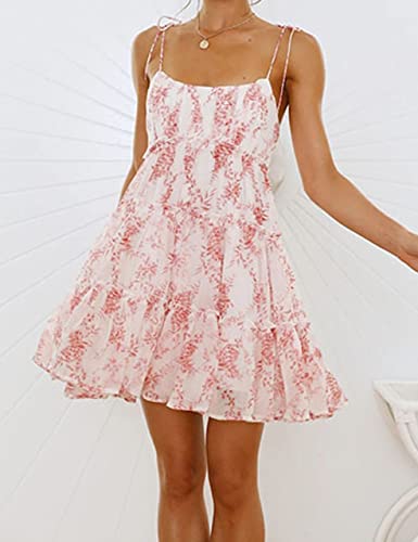 Mansy Womens 2025 Summer Floral Mini Dress Boho Flowy Skater Dresses Short Sleeveless Ruffle Spaghetti Strap Dress3