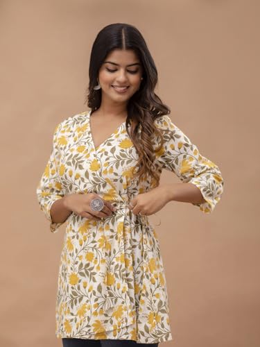Image of feranoid Floral Print Angrakha 3 Sleeves Flared Kurti