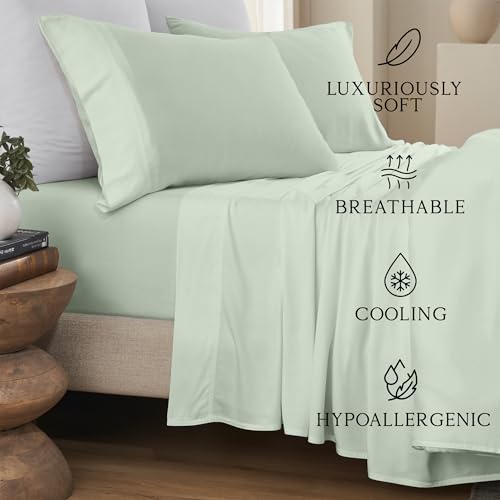 Image of KARISSA MAE Luxury Bamboo Viscose King Size Sheet Set | FSC Certified | Cooling | Ultra Soft | 18 inch Deep Pockets | Elastic Corner Straps | Includes Organizer Band [Sea Glass]