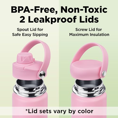 Image of ThermoProof Insulated Water Bottle - Stainless Steel, Wide Mouth, Flip & Spout Lids, Leakproof, Dishwasher Safe, Reusable - Keeps Drinks Hot or Cold - for Adults & Kids - 18oz, Pink