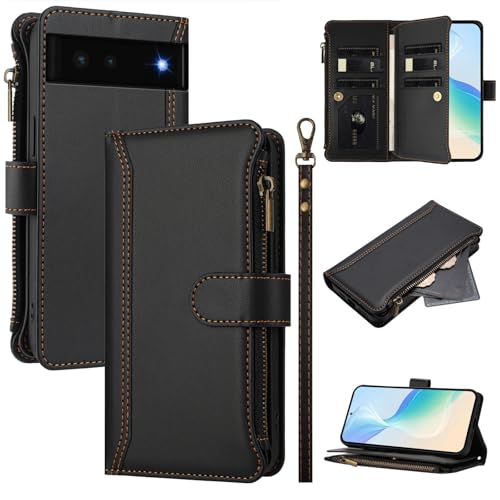 Rfvzubemok Compatible with Google Pixel 6 5G,Compatible with Google Pixel 6 5G Cover,Flip Kickstand Double Card Slots Zipper Wallet Case Black