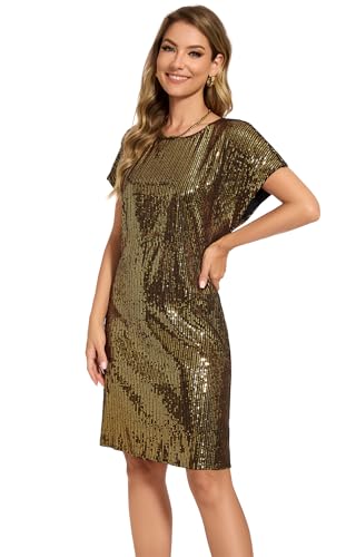 Image of Women's Crewneck Sequin Shift Dress Short Sleeve Casual Holiday Sparkly Party Dress