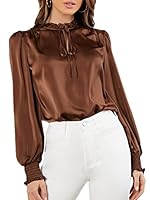 Verdusa Women's Elegant Tie Neck Long Sleeve Shirred Cuff Satin Blouse Top Brown L