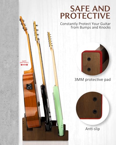Image of STRICH Wooden Guitar Stand for Multiple Guitars, 3-Holder, Front Display Space-Saving Floor Guitar Rack, Padded Multi Guitar Stand for Home, Studio, Stage, GS-2 N(For 2 Electric+1 Acoustic)