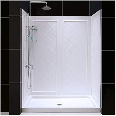 DreamLine 36 in. D x 60 in. W x 76 3/4 in. H Center Drain Acrylic Shower Base and QWALL-5 Backwall Kit In White, DL-6192C-01