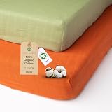 Salt Earth 100% Organic Cotton Muslin Standard Fitted Crib Sheet for Boys, Girls & Toddlers – 52'x28', 2 Pack Soft Breathable Natural Cotton Mattress Bed Sheets, Neutral Crib Sheet (Green & Rust)