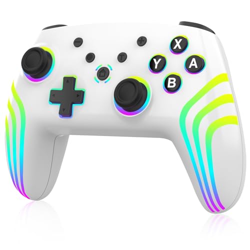 MYSTILUCK Wireless Pro Controller für Switch/Switch 2/Lite/OLED/PC, Gamepad mit 7 Farbwechselnde RGB Beleuchtung/Dual Vibration/6 Achsen Gyroskop/Turbo, Ergonomisch Gestalteter Präzise Joystick, Weiß