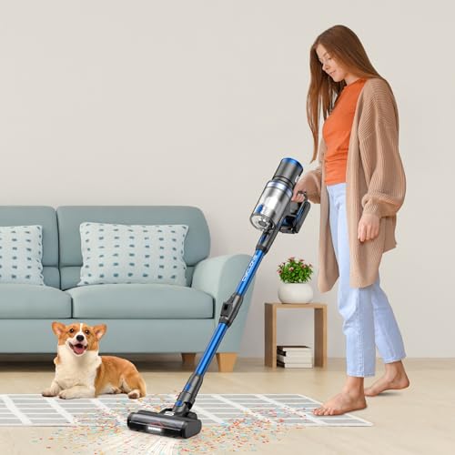 Vistefly V12 Flex Aspirapolvere senza Fili Potente, 38000Pa Scopa Elettrica senza Fili Pieghevole 180 Gradi con Touchscreen e 60 Minuti Autonomia per Tappeti Pavimento Parquette Peli Animali, Blu
