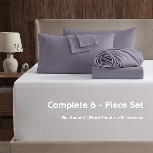 Image of Nestl Extra Deep Cal King Sheet Set - 6 Piece Breathable & Cooling Sheets - Hotel Luxury Bedding Set w /18-24 Inch Deep Pockets - Easy & Secure Fit - Super Soft, Wrinkle Free & Comfy - Grayish Purple