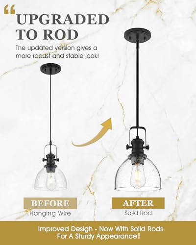 Image of 7.5 inch 2-Pack Black Pendant Lights Kitchen Island, Seeded Glass | Farmhouse Vintage Hanging Light for Dining Room, Clear Seeded Glass Shade, Adjustable Height Rod, E26 Base, AD-22151-1P2-BK-G
