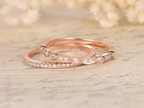 2pcs Half Eternity Diamond Wedding Ring,14K Rose gold,Anniversary,Art Deco,Stacking,Milgrain,Wedding Band3