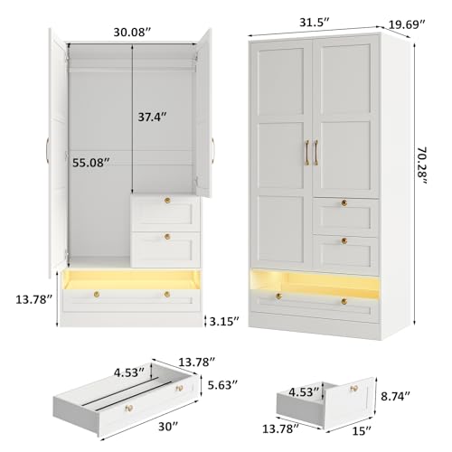 Maupvit-2-Doors-Armoire-Wardrobe-Closet-with-Drawers-LED-Lights-Bedroom-Armoires-Storage-Cabinet-with-Hanging-Rod-Large-Capacity-Freestanding-Wardrobe-Clothes-Organizer-for-Laundry-Room-White Maupvit 2 Doors Armoire Wardrobe Closet with Drawers LED Lights Bedroom Armoires Storage Cabinet with Hanging Rod Large Capacity Freestanding Wardrobe Clothes Organizer for Laundry Room White
