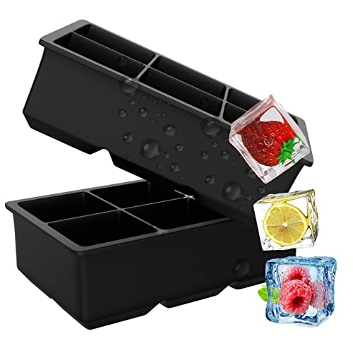 Frost Wave Large Silicone Ice Cube Tray, Set of 2 Black Square Reusable Ice Tray, BPA Safe Large Ice Cube Moulds, Suitable for Baby Food Storage Containers, Chocolate, Jelly, Cocktails, Whiskey