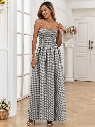 Image of Aigeman Women Detachable Strap Dress Strapless Smocked Bodice Maxi Dress Pockets Long Swing Flowy Beach Sundress 373