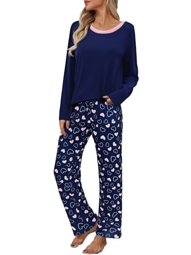 Litherday Pijama Mujer Invierno Algodón Conjunto de Pijama Manga Larga Cuello Redondo y pantalón Estampado de Corazones