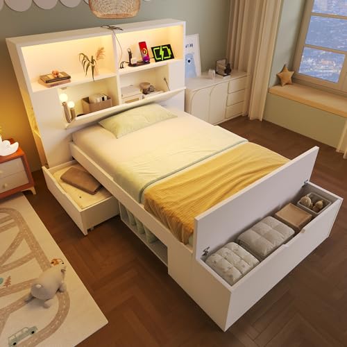 Zepneiy Lit Enfant 90x200 avec LED et USB, Lit Simple 90x200 avec Tabouret Queue et tiroirs, avec étagères et sommier à Lattes, pour Adolescent et Enfant,...