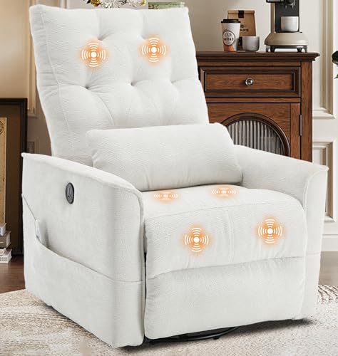 KCQ 330lbs Electric Massage Swivel Recliner Chairs with Heat Wide Seat Oversized Padded Power Recliners with Lumbar Pillow Tufted Fabric Massaging Reclining Chair for Adults (White)