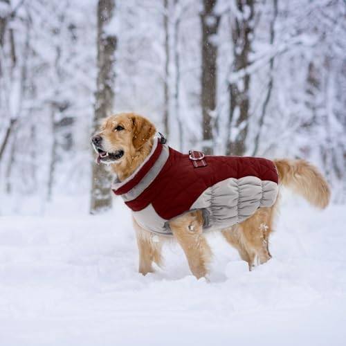 Image of Lelepet Dog Coat Warm Dog Winter Coat Waterproof Dogs Jacket with Harness | Reflective Pet Fleece Vest Zip-Up Cold Weather Coats for Large Dogs Turtleneck & Windproof Boston Terrier Wine Red L