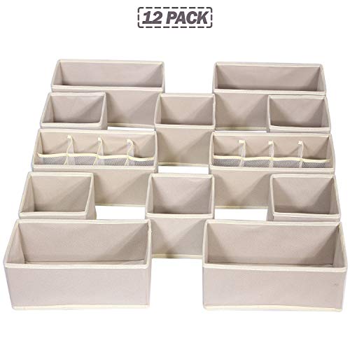 12 Pack Foldable Drawer Organizer Dividers Cloth Storage Box Closet Dresser Organizer Cube Fabric Containers Basket Bins For Underwear Bras Socks Panties Lingeries Nursery Baby Clothes Beige Nn246 #TOP6