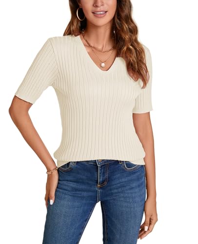 Image of Women Summer Knit Shirt Blouse V Neck Short Sleeve Pullover Sweater Tops