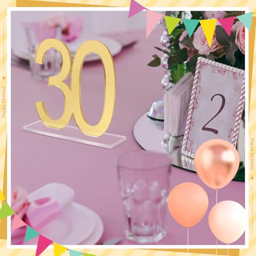 Image of Threehoney 6 Pcs Mirror Gold 30th Birthday Decorations for Men and Women Acrylic Anniversary Decorations Table Numbers Centerpieces for Birthday Party