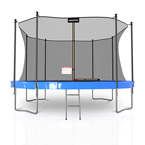 Trampolin für den Garten, klassisch, 14 ft, Durchmesser 427 cm, mit wendbarer Matratze, Blau/Schwarz, Leiter, Sicherheitsnetz, Sprungmatte Cover
