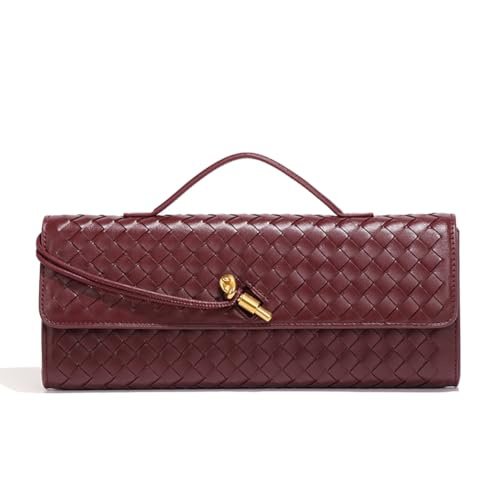 Covelin Women's Handmade Woven Evening Bag Leather Shoulder Clutch Handbag Fashion Crossbody Purse Wine Red