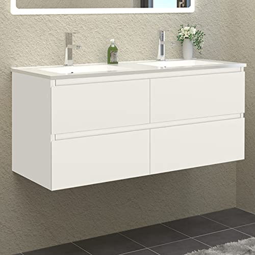 HAPAOSO Meuble de Salle de Bain Double Vasque 120 cm + Casier Couleur Blanc（Quatre tiroirs）