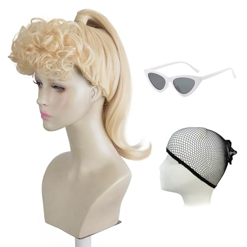 Aeilene Blonde Wig for Women Long Blonde Ponytail Wig with Curly Bangs Blonde Pigtails Wig with White Sunglasses for Party Costume Halloween Cosplay(Adult)
