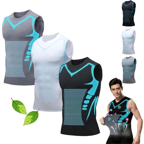 Lumoria Tshirt Ventre Plat, Lumoria Tee Shirt Gainant Homme Ventre Plat, Shape Power Homme, Tissu Soie Glace Respirant (3PC,2XL)