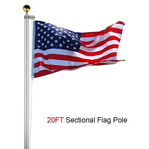 Yeshom 20ft Aluminum Sectional Flagpole Kit 3'x5' US American Flag Gold Ball Kit