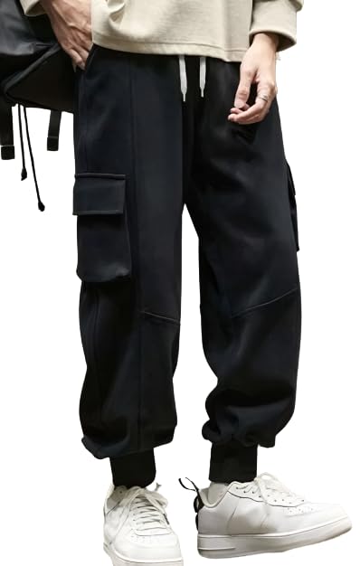 FLYNOFF Black Side Flap Pocket French Terry Relaxed Fit Men's Cargo Pants