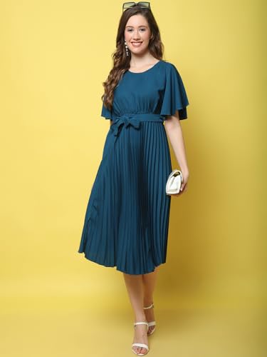 Image of Fabflee Women's Polyester A-Line Standard Length Dress (FB-P1-Pleated-206 L Turquoise L)
