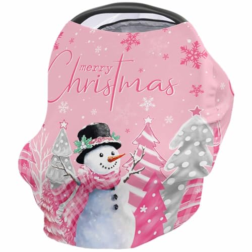 Nursing Cover for Breastfeeding Scarf, Merry Christmas Cute Snowman Xmas Tree Pink Snowflake Baby Car Covers Super Soft Multi Use for Canopy Shopping Cart Cover Blanket Stroller Cover