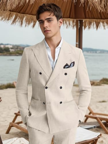 Mens Suits Linen 2 Piece Suit for Men Peak Lapel Slim Fit Suits Set Double Breasted Tuxedos for Wedding Prom4