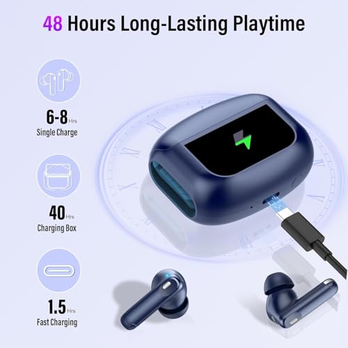 Image of Wireless Earbuds, Bluetooth 5.4 Headphones with Multifunctional Touch Screen, 48H Bass Stereo Ear Buds with ANC /ENC Noise Cancelling /Transparency Mode, IPX7 Earphones with 5 EQ Modes, Dark Blue