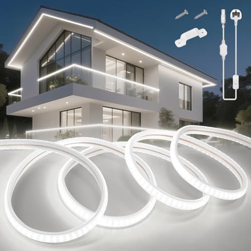 KSIBNW LED Strip Light 2M Waterproof Outdoor Garden, 220V 240V Neon Outside LED Light Strips Cuttable Rope Lights Flexible Neon Rope for Kitchen Cupboard Decking Outdoor Indoor Decor, Cool White