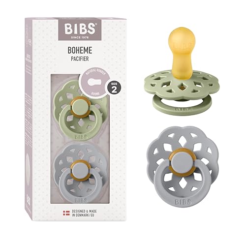 Image of BIBS Pacifiers - Boheme Collection | BPA-Free Round Nipple | Nautral Rubber Latex | Made in Denmark | Set of 2 Sage /Cloud Color Premium Soothers | Size 6-18 Months