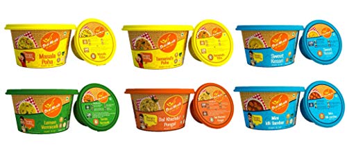 Image of Ready to Eat Breakfast Food Jain Special -Tasty & Healthy Eat Food Products (Pack of 6, 100G Each)Masala Poha, Tamarind's Poha, Sweet Kesari, Lemon Vermicelli, Dal Khichdi (Pongal), Mini Idli Sambar