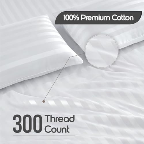 Image of LINENWALAS Cotton 300 Thread Count Double Size Bedsheet Set | 2 cm Sateen Stripe Design | Cloud-Soft, Breathable & Skin-Safe | Oeko-TEX Certified Hotel-Style Bedding (90 x 100, White)