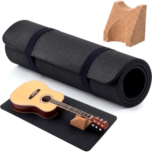Image of Klyyo 41 Inch Guitar Mat with Neck Rest, 8mm Thick TPE Non Slip,Black | Dual Height Cradle for Bass Guitar, Repair Bench Pad for String Change Cleaning, Fits Acoustic Electric Ukulele