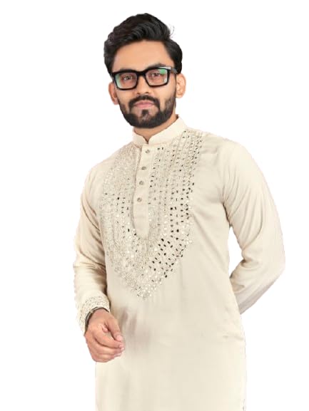 Men's Kurta set mirror work with Pajama for indian festival wedding Soft Silk Ethnic Wear (BB-KN) (White, XX-Large)
