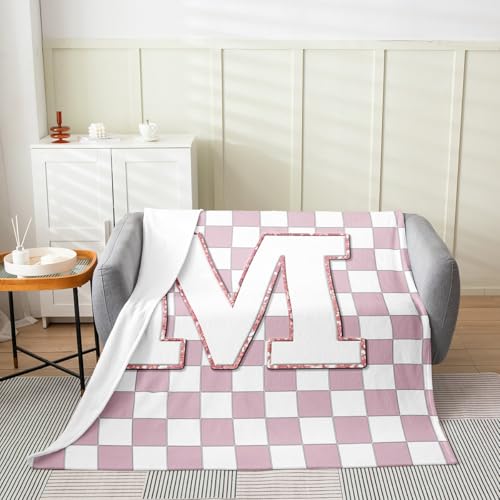 Image of Erosebridal Pink Initial M Fuzzy Plush Throw Kawaii Plaid Checkered Fleece Blanket Cute Personalized Monogram Flannel Blanket for Kids Girls,Fashion Grids Gingham Decor for Bed Couch Baby 30 inchx40 inch