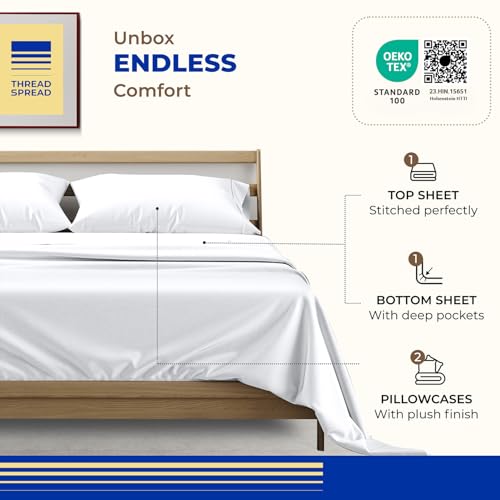 Image of THREAD SPREAD Full Size Bed Sheets, Luxury 1000 Series Paradise Collection 100% Egyptian Cotton Sheets Full Size Set (4 PC, White), Silky Soft, Cooling, Sateen, 16 inch Deep Pocket Hotel Sheet Set